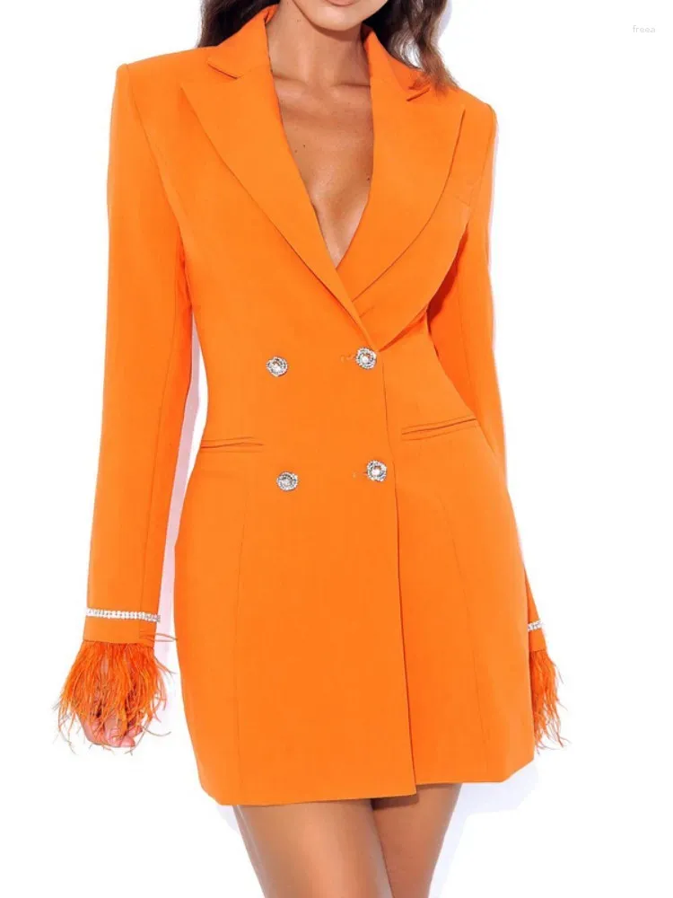 Повседневные платья женщины знаменитость сексуально с длинным рукавом v Nece Double Button Orange Bodycon костюм элегантный вечерний клуб