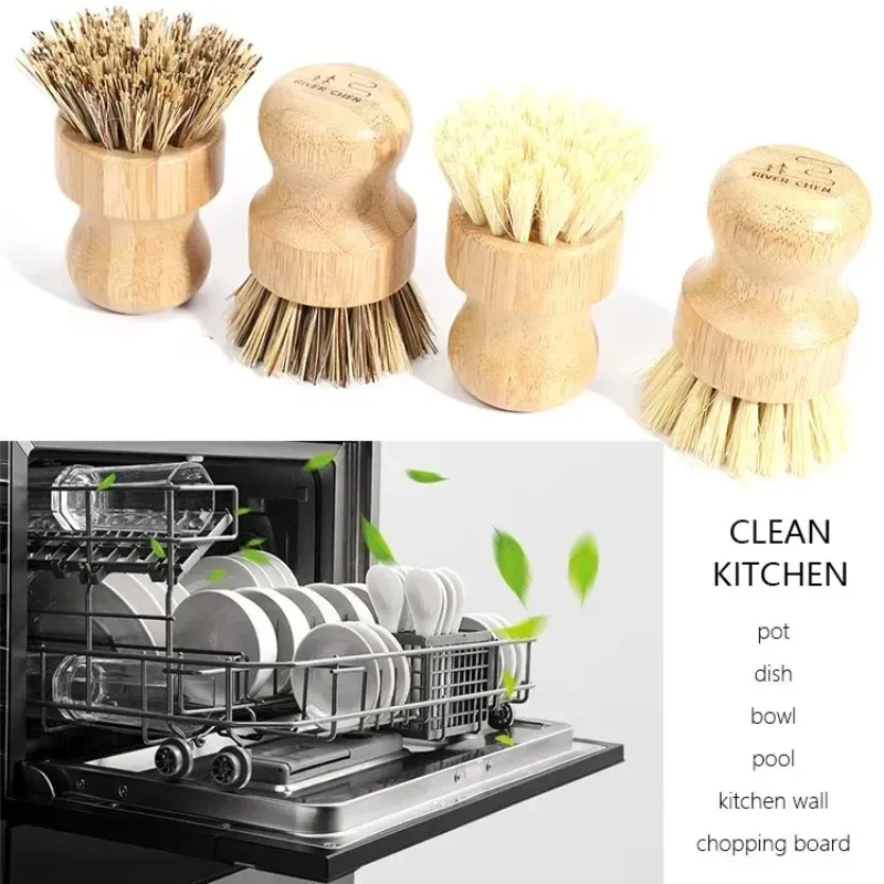 RIVER CHEN Ruiwo Morning Kitchen Cleaning Brush Mexican Palm Bamboo Short Handle Round Plate Dishwashing Sisal Pot Brush