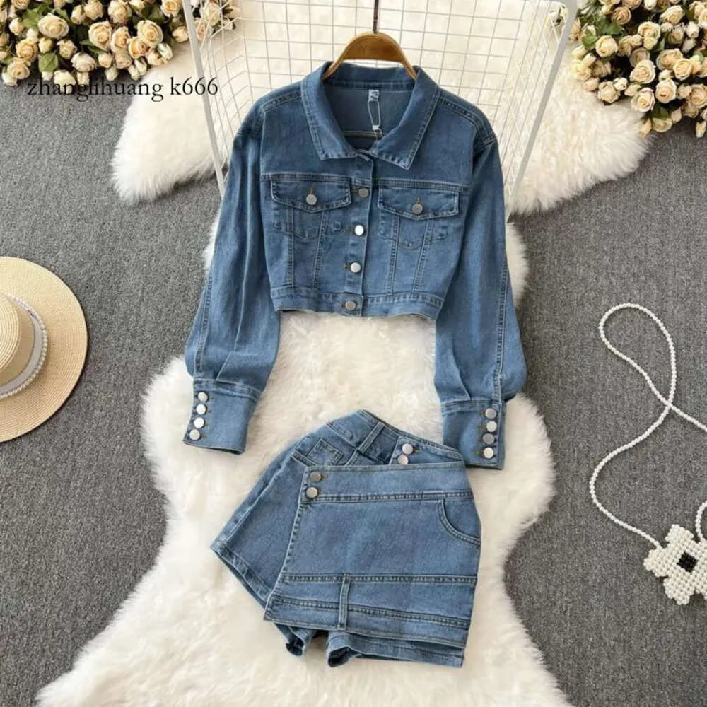 PREPOMP TRACHSUITS 2024 Women's Women Casual Set Lapel Long Sleeve Loose Denim Jacket Fake Two-Piece High midje Slim Shorts Outfits Spring GH721