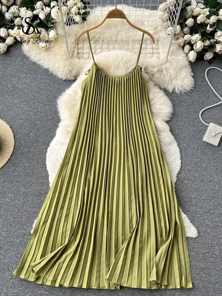 Casual Dresses SINGREINY Summer Pleated Strap Sundress Draped Solid Backless Fashion Sweet Korean Style Women Senior Loose Beach Party Dress