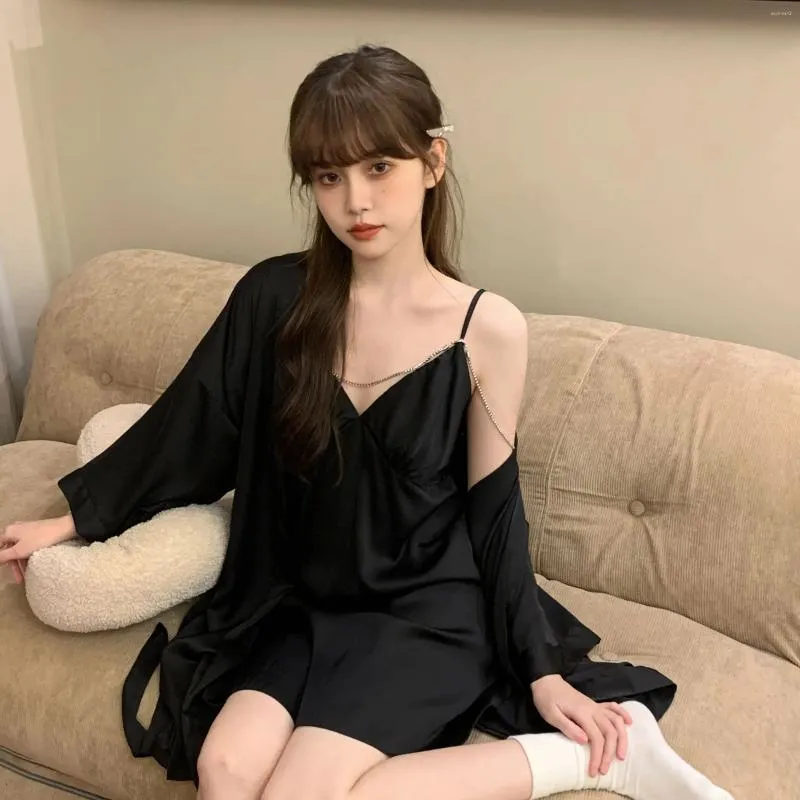 Roupas em casa Elegante Sleepwear Rayon Kimono Robe Conjunto feminino 2pcs Nightdress Lace Nightgown Summer Bathrobe Suit