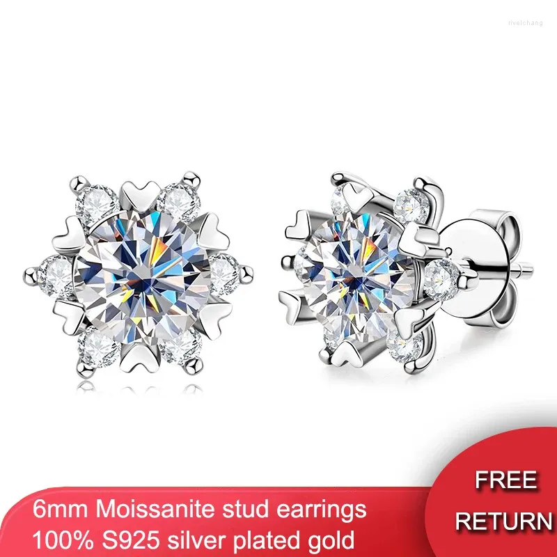 Boucles d'oreilles QXTC Six Round Cut pour les femmes Solide 925 Bijoux de diamant de diamant de flocons de neige en argent sterling