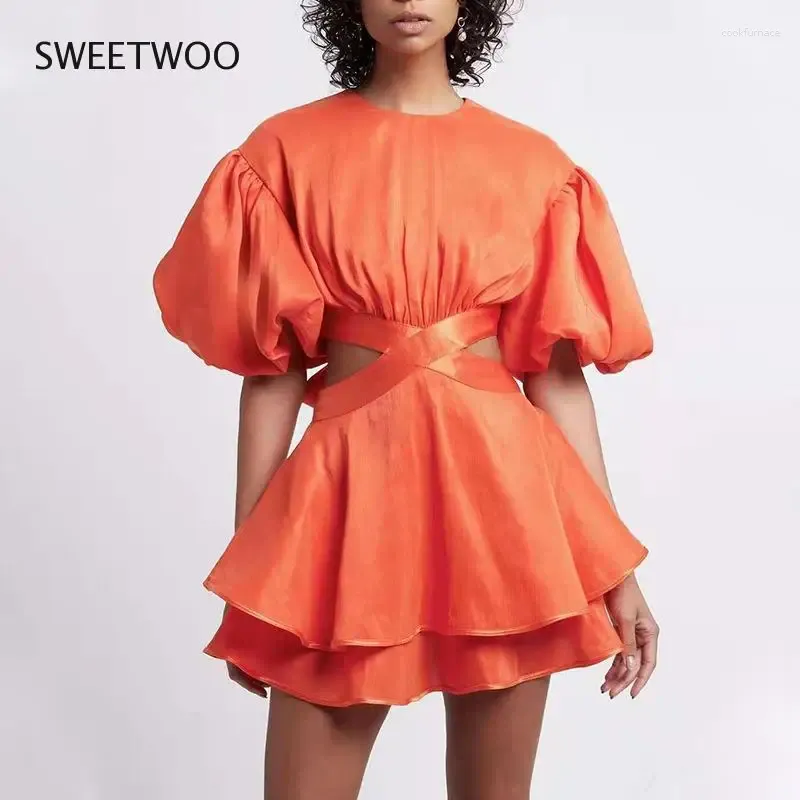 Party Dresses 2024 Summer Ladies Sexy Open Waist Tie Puff Sleeve Solid Color Round Neck A-line Casual Shirt Dress Princess Fan Cute Dres