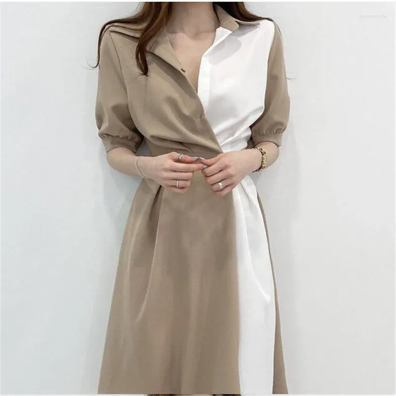 Abiti casual abiti lunghi vestiti vintage coreano chic slim bass hit color bottone elegante per donne vestidos femme