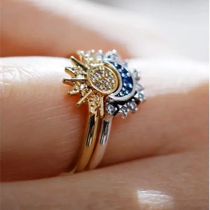 Wedding Rings Adjustable Sun And Moon Overlapping Wear Ring For Women Girls 2024 Sparkling Couple Set Finger Jewelry Gifts