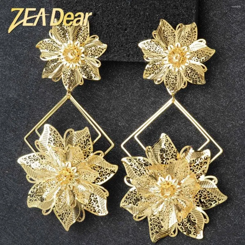 Boucles d'oreilles en peluche zéadear bijoux africain big fleur suspendue à 18 km plaqués en or pour les cadeaux de mariée de la fête de mariage de Dubaï italien