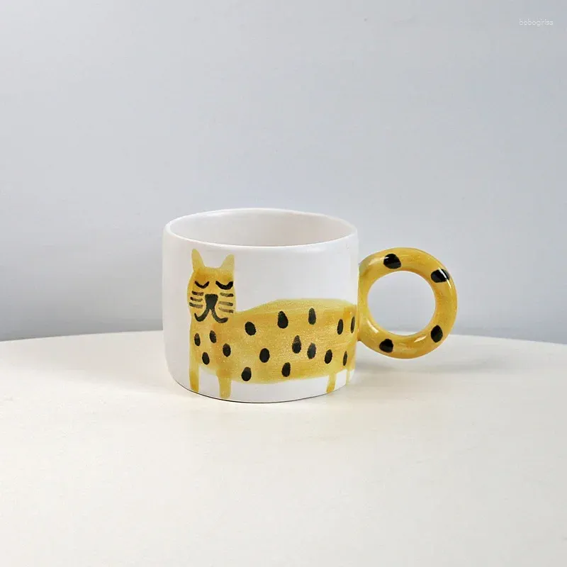 Muggar MPK Coffee Mug Plate Handritad Cheetah Söt tecknad djur tema Porslin (A3951)