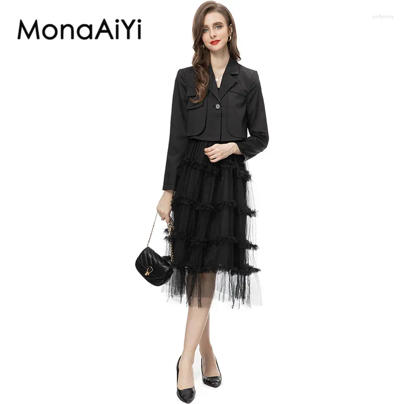 Robes de travail Monaaiyi Fashion Designer de mode pour femmes Bouton Single Black Black Casual Blazer Tiered Ruffles Mesh Sangle Robe 2PCS