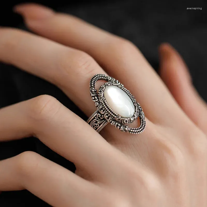 Cluster Rings Ventfille 925 Sterling Silve Shell Grass Ring for Women Texture Retro Grace Hollowing Out Jewelry Birthday Present Drop