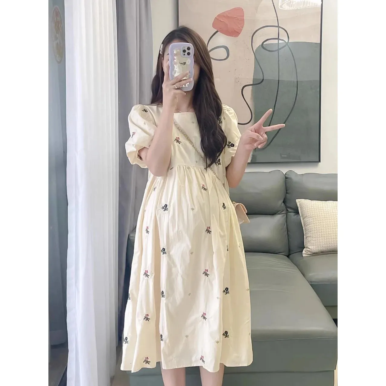 Summer Maternity A-Line Peter Pan Collar Dress with Short Sleeves and Printed Doll - Loose Fit Pregnancy Clothing for Pregnant Women (Style 241106)