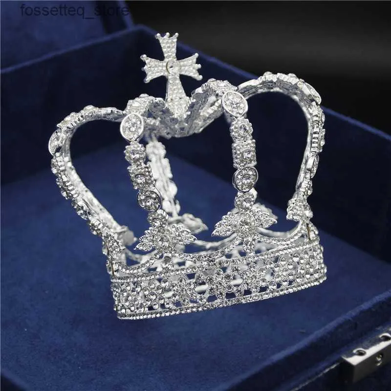 Bröllopshår smycken manlig Cross Crown Baroque Bridal Crown Royal Queen King Tiara Birtay Party Performance Head Accessories Diadem smycken 230614 L240402