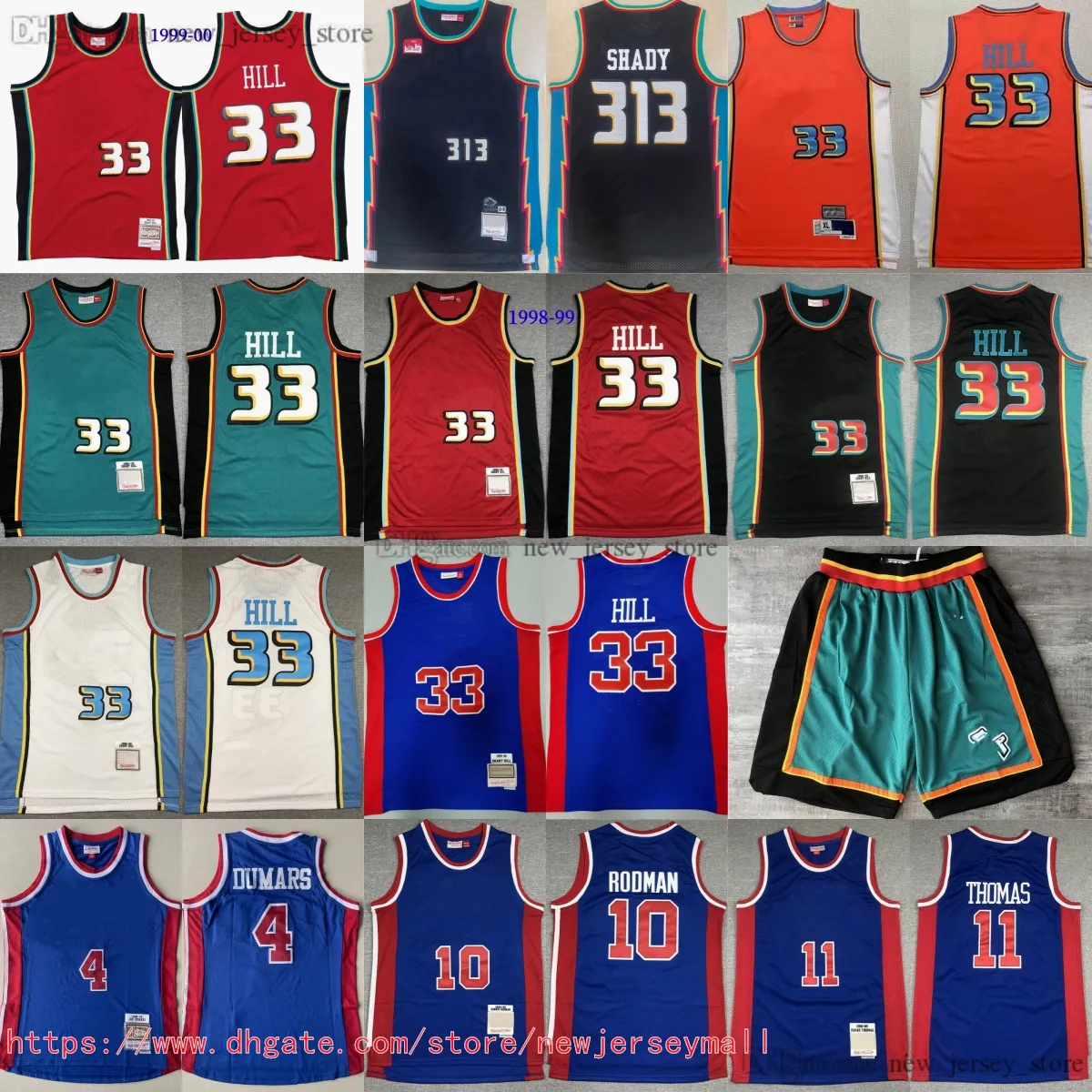 Shady 313 Eminem Classic Retro 1998-99 Basquete 33 Grant Hill Jersey Trowback Vintage 4 Joe Dumars 10 Dennis Rodman 11 Isiah Thomas Jersey Breathable Sports Shirt