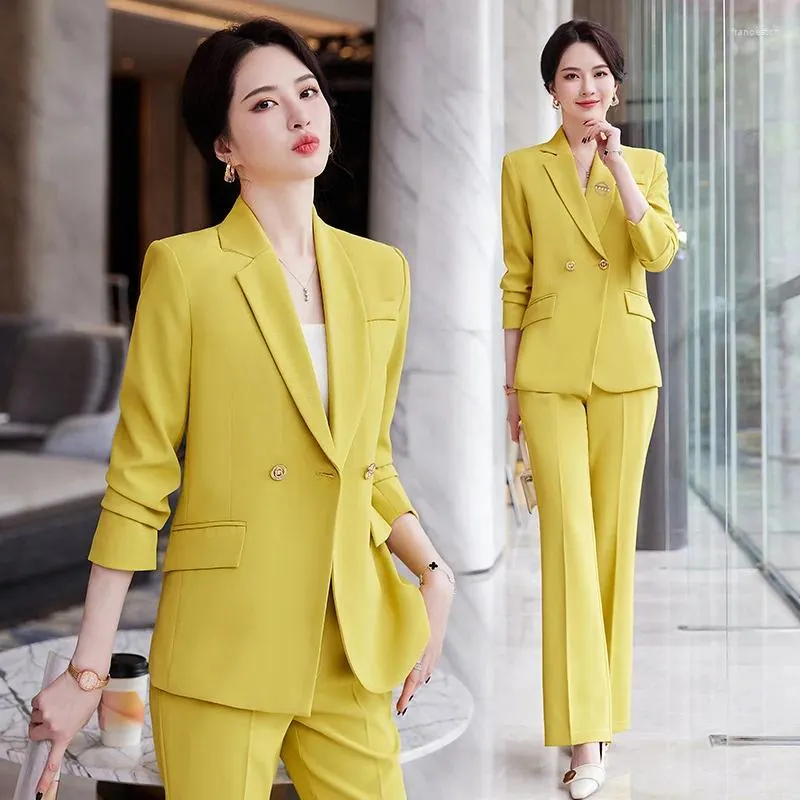 Dames tweedelige broek Casual Business Blazer en voor vrouwen formele broeksets Yellow Green Outfits Office Professional Suit 2