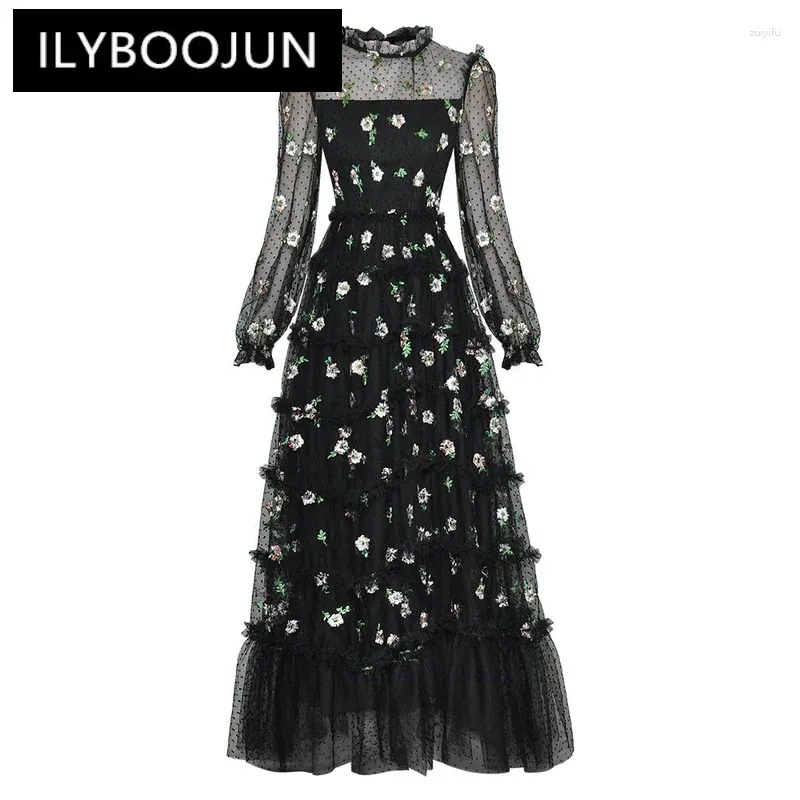 Повседневные платья Ilyboojun Fashioner Designer Spring Mesh Maxi платье Женщины O-образное измельчение