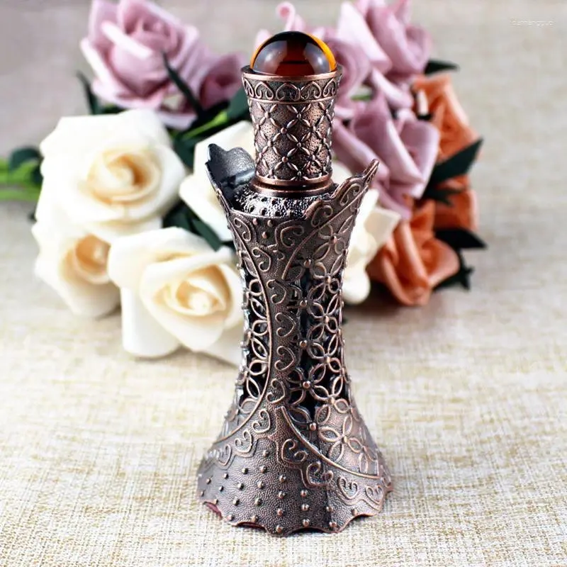 Storage Bottles Antiqued Metal Glass Bottle Arab Style Essential Oil With Dropper Straight Pipe Middle East Perfume 15ml