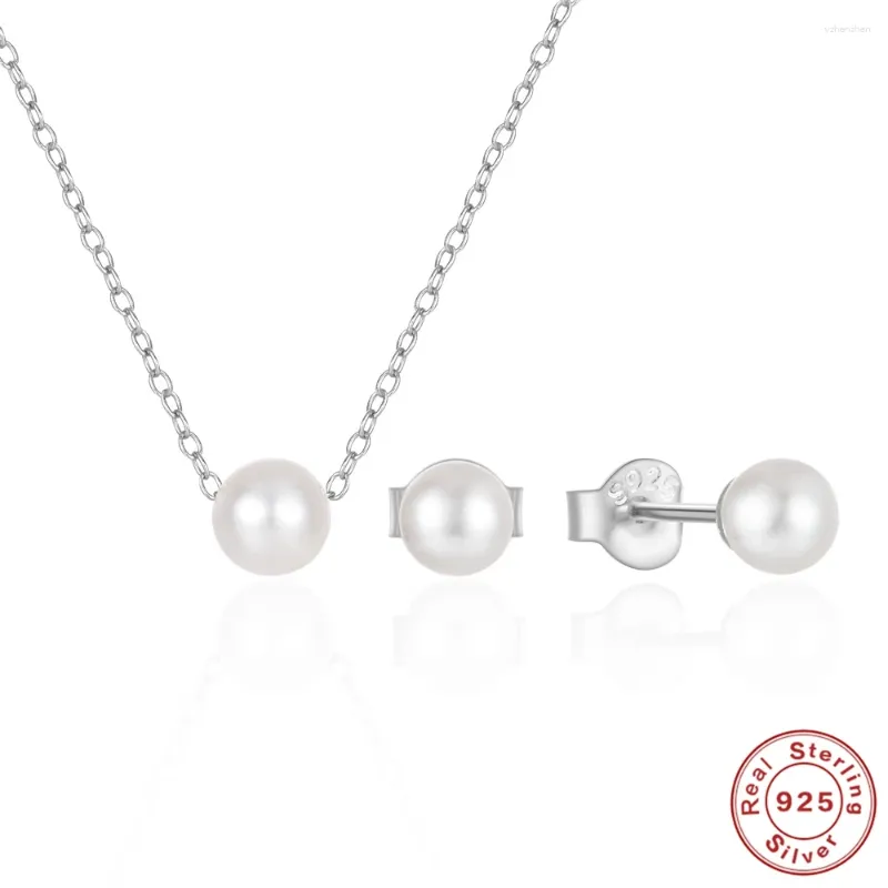 Studörhängen Aide 925 Sterling Silver Round White Pearl Smycken Set Pendant Necklace For Women Gift 18k Gold Color Fine