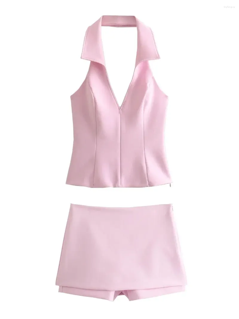 Kvinnors spårningsdräkter XNWMNZ 2024 Kvinnor Backless Shirt Neck Halter Top eller Low-Rise Skort Sweet Pink Symer Sexy Shorts Set