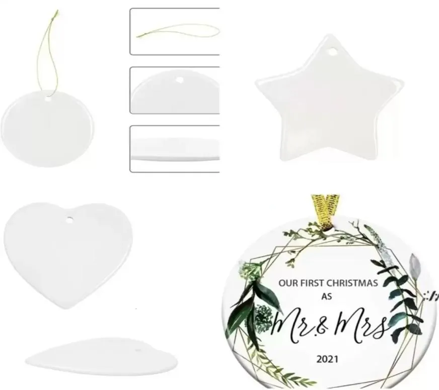 NEW 3inch Sublimation Blank White Chirstmas Engaged Customized Ornament Round Heart Circle Star Shape Ceramic Xmas Tree Decor 1970968