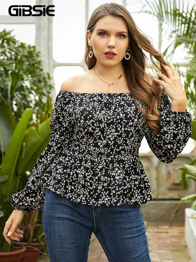 Gibsie blommor tryck av axel toppar för kvinnor plus size peplum blus långärmad casual mode vår sommar höst 240403