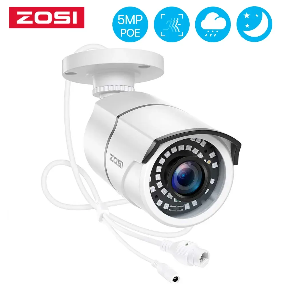 Cameras Zosi H.265 1920p Poe Camera 5MP imperméable extérieur 100ft Vision nocturne CCTV Sécurité IP Caméra pour puces pour Zosi 8ch Poe NVR Système