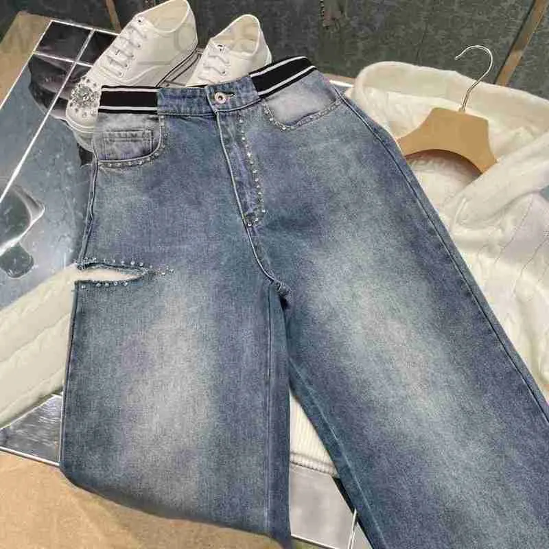 Women's Jeans designer Shenzhen Nanyou high-end Miu home autumn and winter waist webbing decoration versatile straight tube hole Nail Drill jeans W7VQ