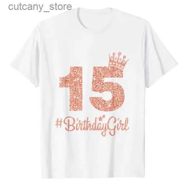 Camisetas camisetas T Camisetas 15 #BirthdayGirl Sweet Quinze 15ª camiseta de coroa rosa para meninas 15 anos de ser incrível Tops 15º aniversário apresenta L46