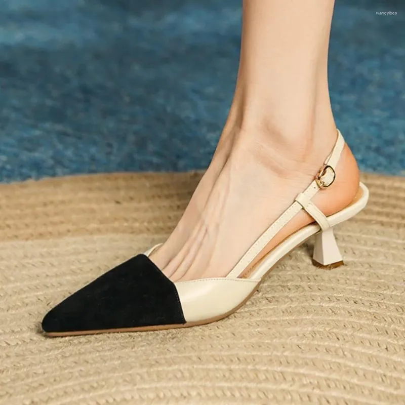 Dress Shoes Women's Genuine Leather Black Toe Patchwork Slingback Thin High Heel Summer Pumps Elegant Ladies Slim Sandals Low