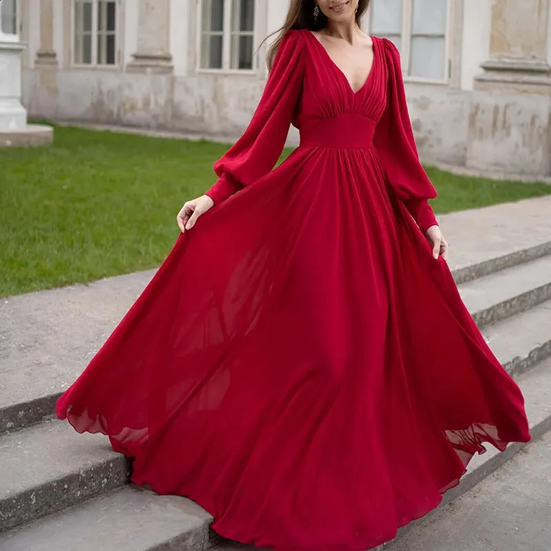 strapless open back dress Red Pleated Long Sleeve V-Neck Dress