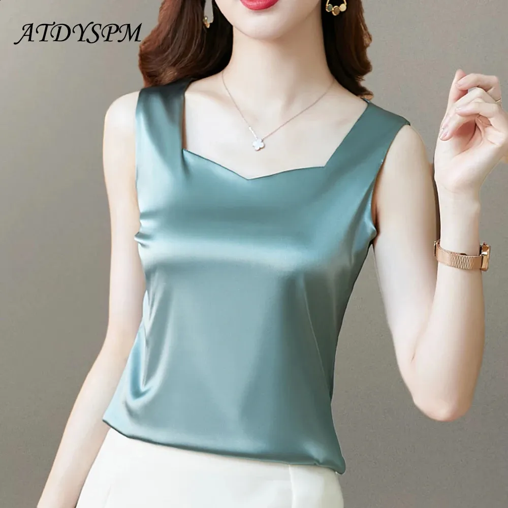 Korean Fashion Summer Silk Tank Tops Women Office Lady Solid Satin Camisole Vest Female Casual Loose Basic Tops For Women 240326