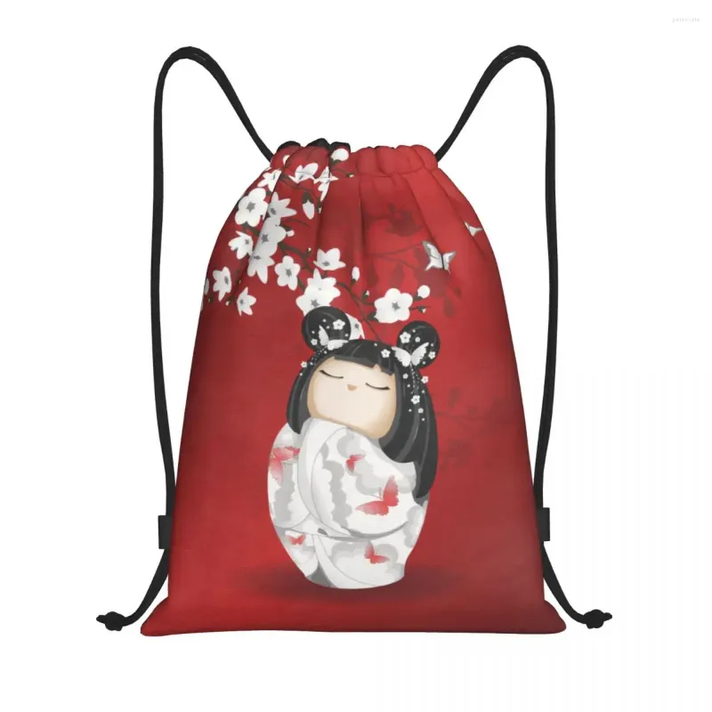 Storage Bags Kawaii Kokeshi Doll Cherry Blossoms Drawstring Backpack Sports Gym Bag For Men Women Japanese Geisha Girl Art Shopping Sackpack