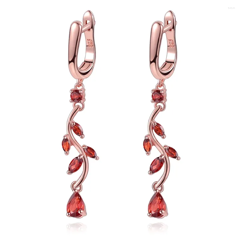 Kolczyki Dangle Pear 4x6mm Rose Gold Garnet 925 Strerel Srebrny Naturalny Czerwony Kamień