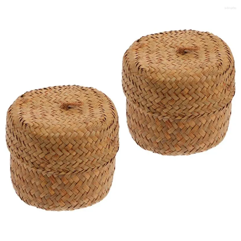 Vasi da 2 pezzi Flower Box Basket Woven Sundries Storage Piccolo Organizzatore Contenitore per la casa Regalo per coperchio al mare di alghe