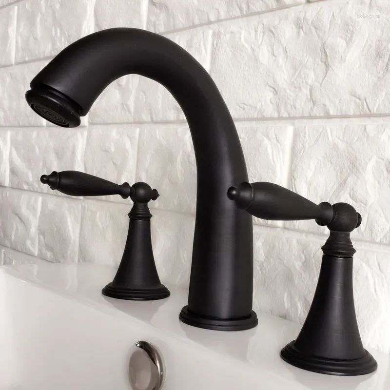 Grifos de fregadero de baño Aceite negro con bronce frotado manijas dobles 3 orificios Instale un toque de grifo de cuenca montada en la cubierta de cubierta de cubierta