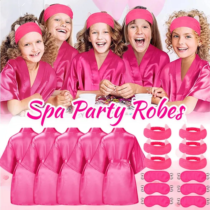6Pack Kids Spa Party Robe Girls Birthday Squad Robes Soft Silk Satin Slumber Kimono Robe DIY Bathrobes with Hairband Eye Masks 240326