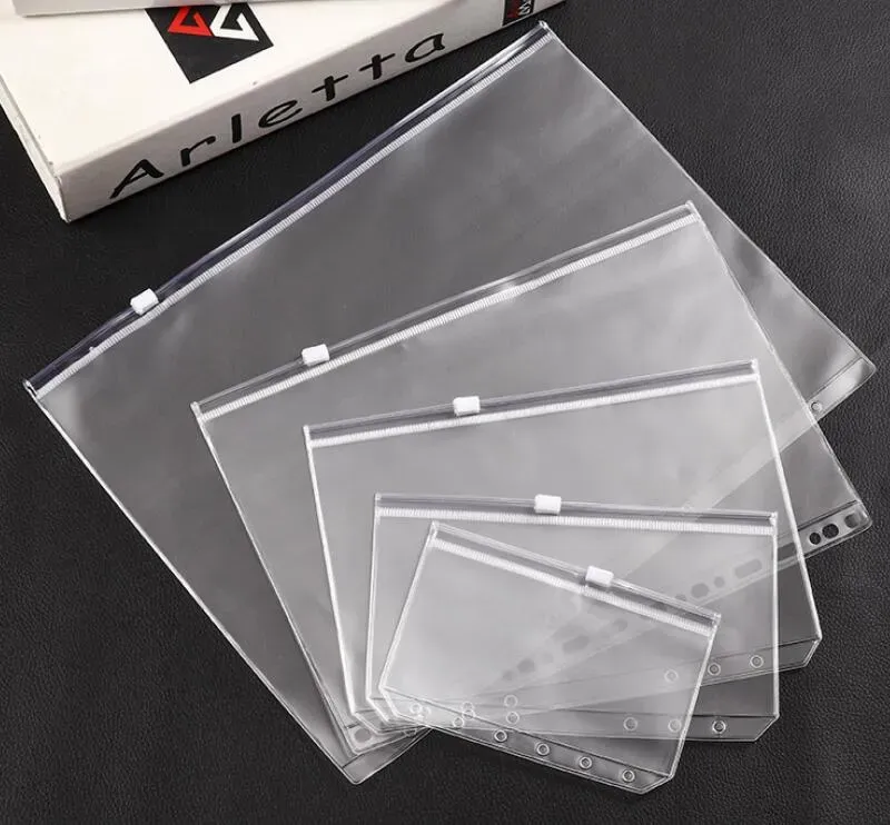 A5 A6 A7 Clear Punched Binder Pockets for Notebook 6 Holes Zipper Loose Leaf Insert Bag PVC Frosted Notebook Pockets Envelop Storage Folders #193