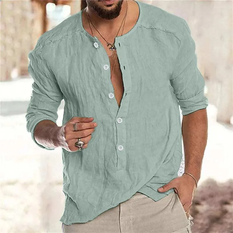 Men's Casual Shirts Mens Fashion Solid Color Cotton And Buckle Long Sleeve Shirt Top Blouse Large T