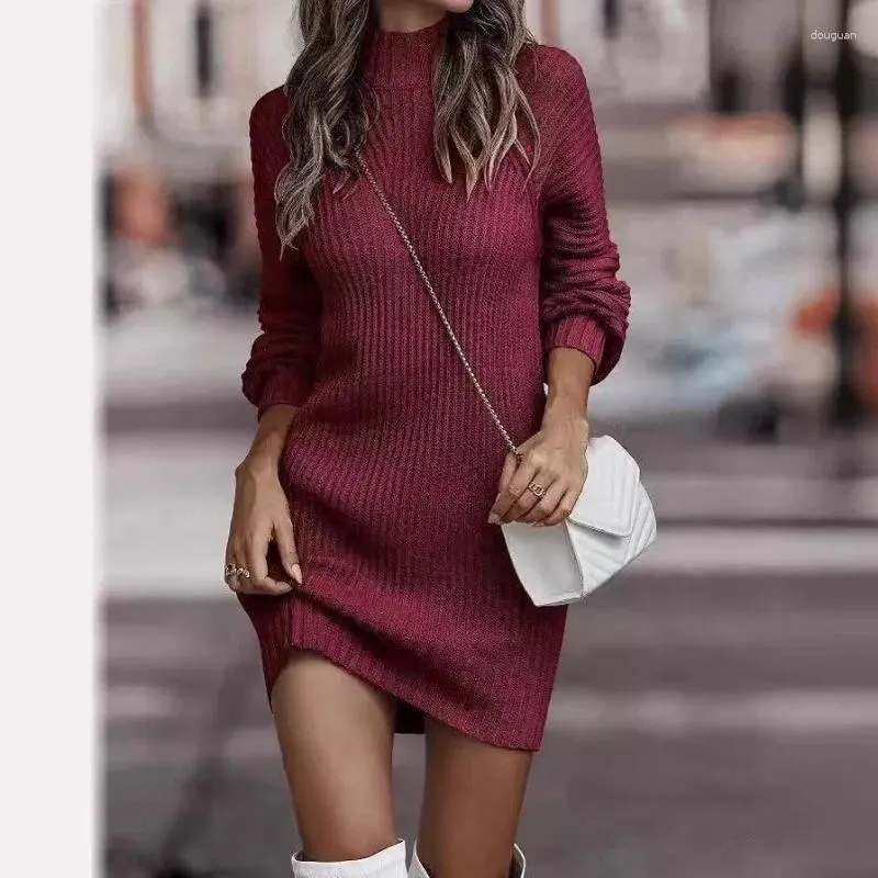 Casual Dresses 2024 Autumn/Winter High Neck Sweater Women's Fashion Long Sleeved Knitted Dress Clothing