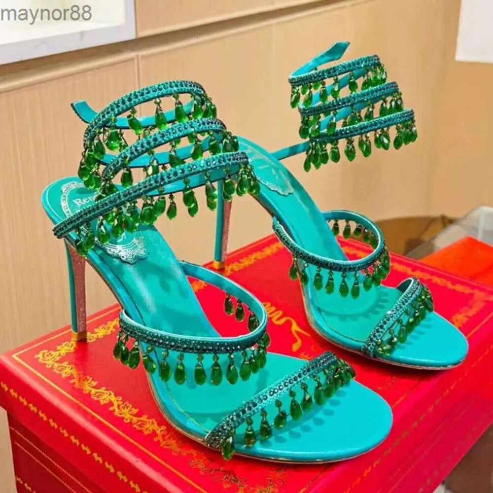 RENE CAOVILLA CRYSTAL CHANDELIER HIGH-HEELED SANDALS WOMENS FAIRY STYLITE LUXURY DIAMOND SERPENTINE RAPPED ROMAN HIGH HEILS 10cmデザイナーフレンチシューズ