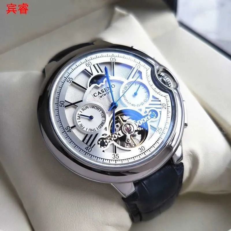 Caseno Swiss Watch maschile completamente automatico orologio meccanico blu stella tourbillon orologio in acciaio in pelle cavo