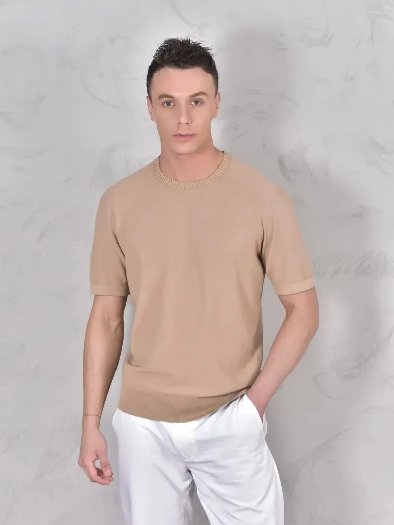 Мужские рубашки лето 2024 г. хлопковой вязаный пулот O-вырезок с коротким рукавом повседневный топ