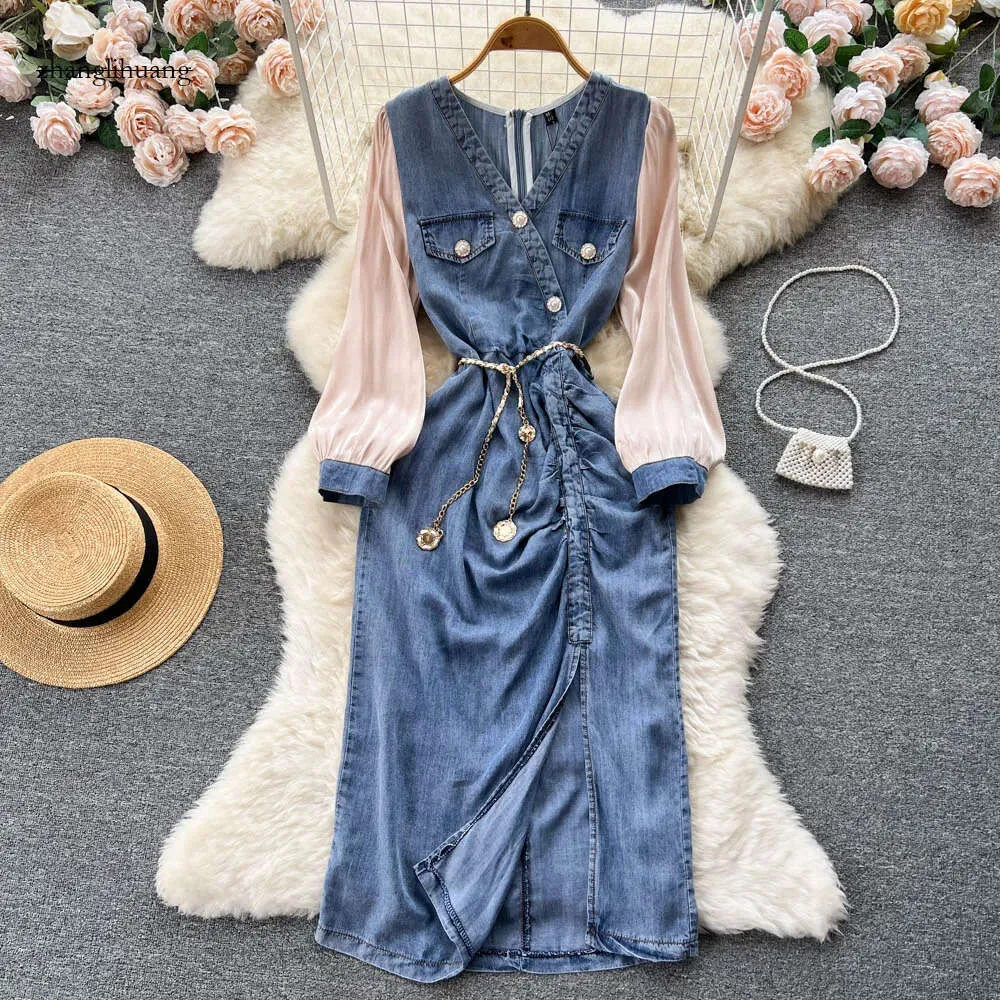 Basic Casual Dresses New Summer Patchwork Denim Dress Women Short Sleeve V Neck Pearls Buttons Elegant Split Midi Vestidos With Chain Belt 2024 Estidos estidos