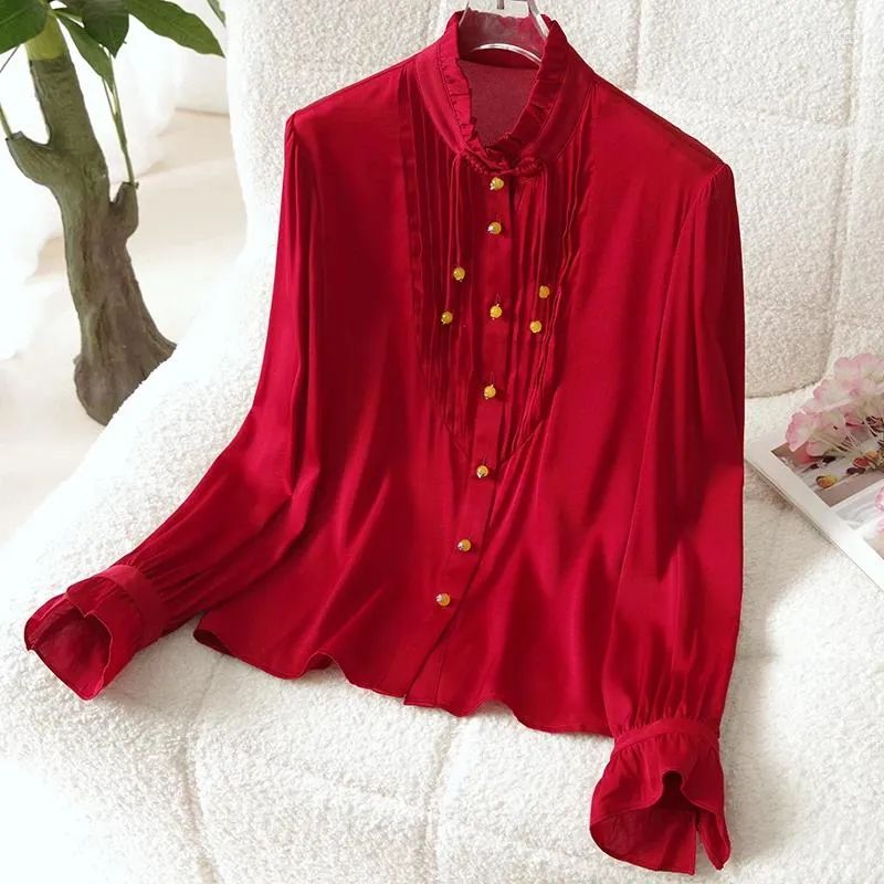 Blouses des femmes Chemises de mode élégantes pour femmes Bureau à manches longues LADE ROUGE BLANCE BLAND TOPS VINTAGE VRAIS SILK SOLID