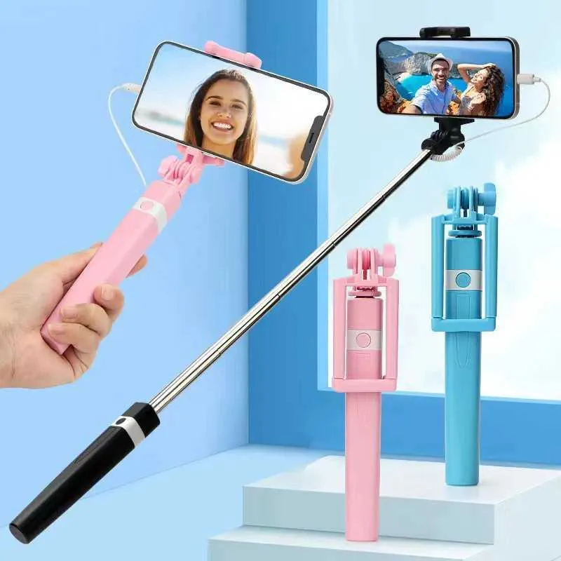 Mobile Mini Button Plastic Handle With Wire Monopod Universal Portable Selfie Stick Suitable For Mobile Phones 8.5-74CM_voghion.com