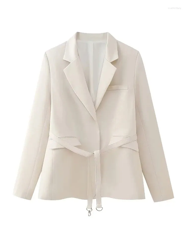 Damespakken vrouwen casual twee zakken geen knoopjack uit het kader van het afsloten dame mode slanke riem taille 2024 beige lange blazers