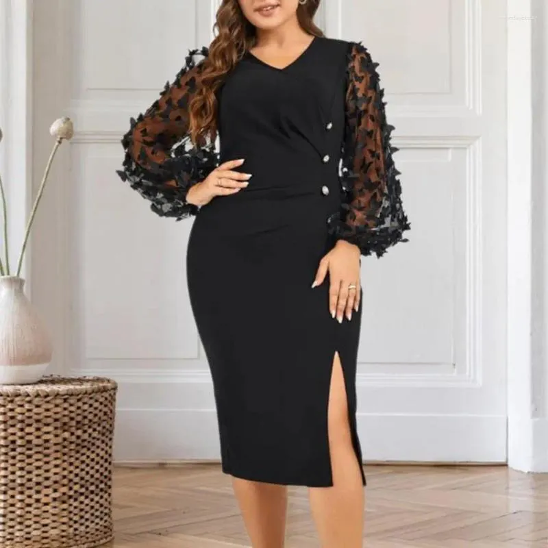 Casual Dresses Women V-neck Long Dress Button Decor Midi Elegant Applique Mesh V Neck Plus Size For Formal Events Parties