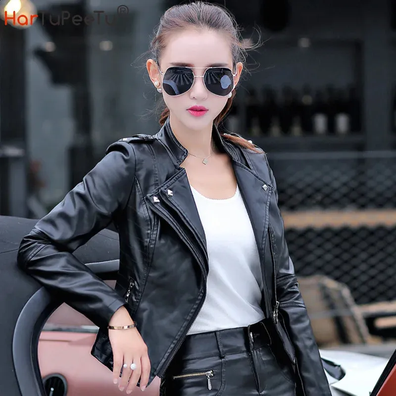 Прохладная пшена Faux Leather Women Jacket Jacket Decort Decaid Wotte Chotn Black Poat Зима S ~ 3xl Slim Fit Zip Moto Bike Outwear 240402