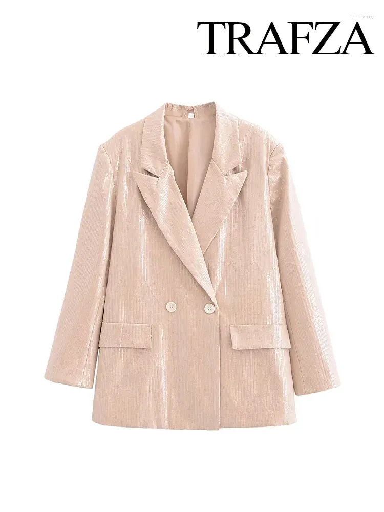 Kvinnors kostymer Trafza Spring Fashion Women Blazer Solid Slå ner krage långa ärmfickor Pockets paljettdekoration Dubbelbröst kvinnliga rockar