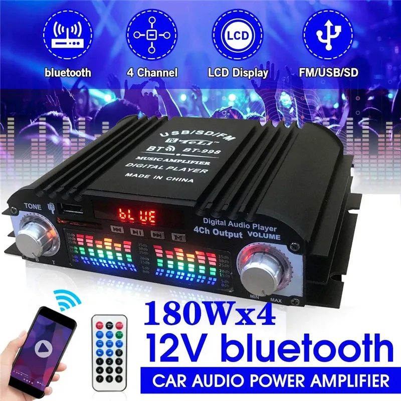 Förstärkare BT998 12V/220V Mini Bluetooth HIFI Power Amplifiers Stereo Car Home Audio Digital Sound Amplifier LCD Display FM SD USB Bass