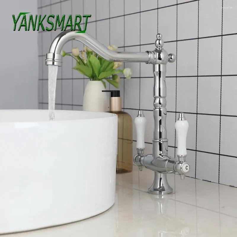 Banyo Lavabo muslukları Yanksmart 360 Döner Çift Kulplar Seramik Sap Mutfak / Havza Musluk Güverte Monte Washbasin Mikser Su Muslukları