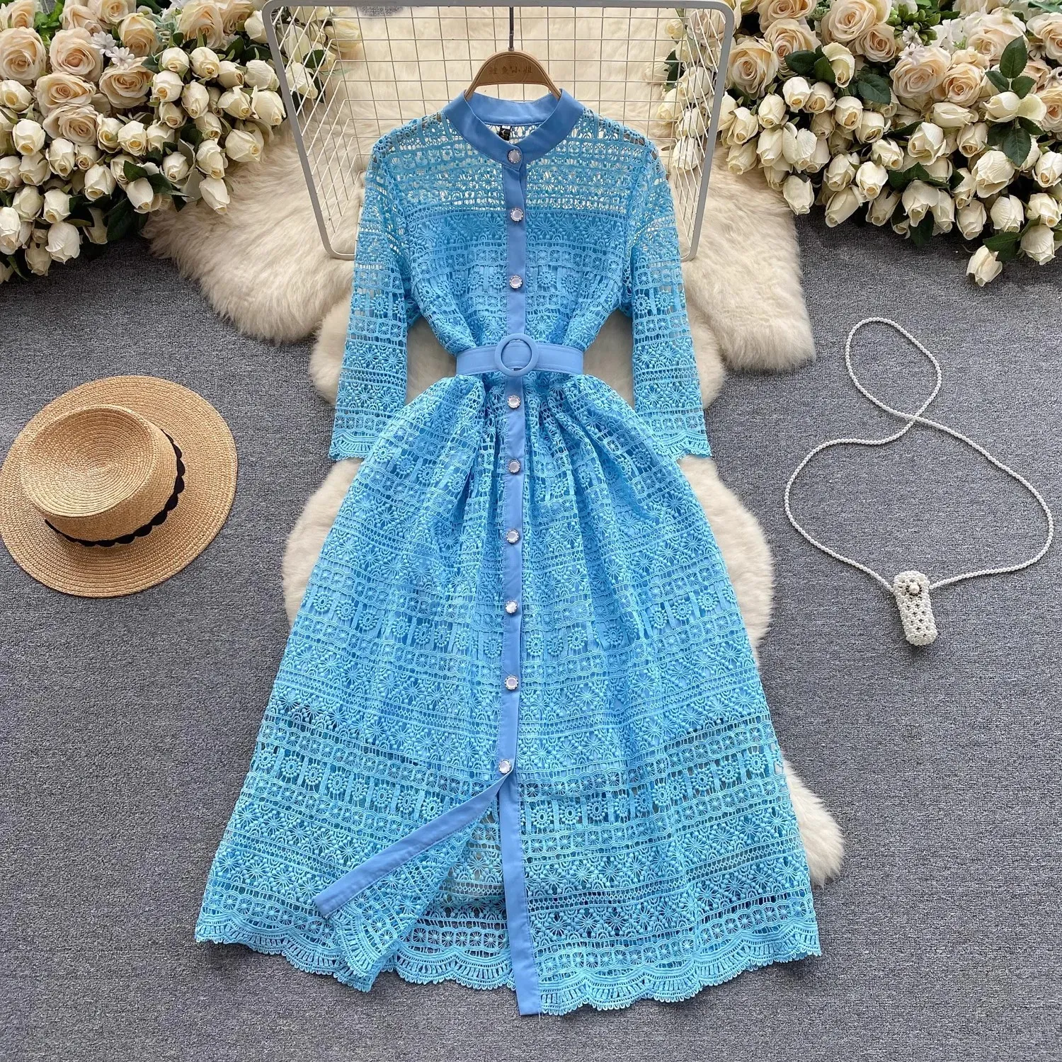 2024 O-Neck Short Sleeve Summer Dress for Women - Fashionable Runway Lace Belt, Slim Fit, Elegant party Dress 2024 O-Neck Short Sleeve Summer Dress for Women - Fashionable Runway Lace Belt, Slim Fit, Elegant party Dress